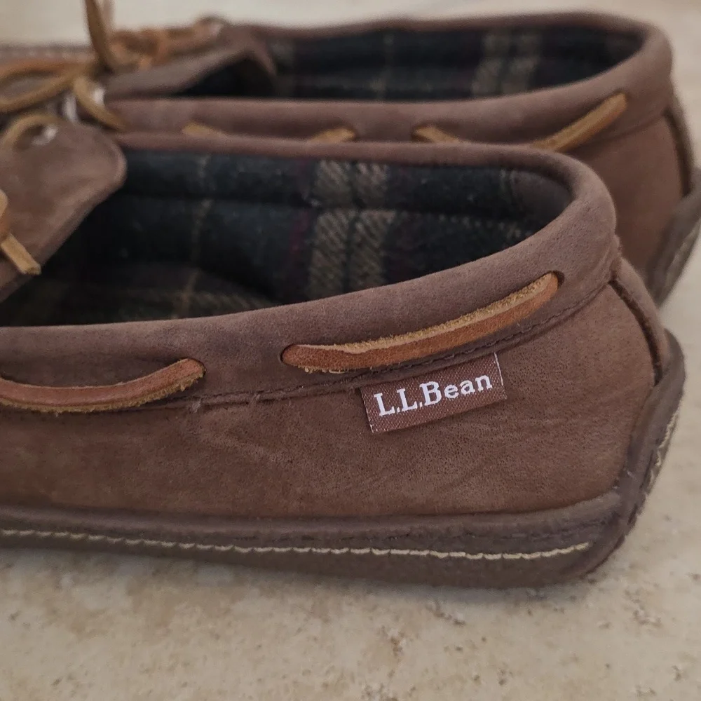 NWOT L.L.Bean Men's Handsewn Brown Leather Flannel-Lined Slippers Size 8​​